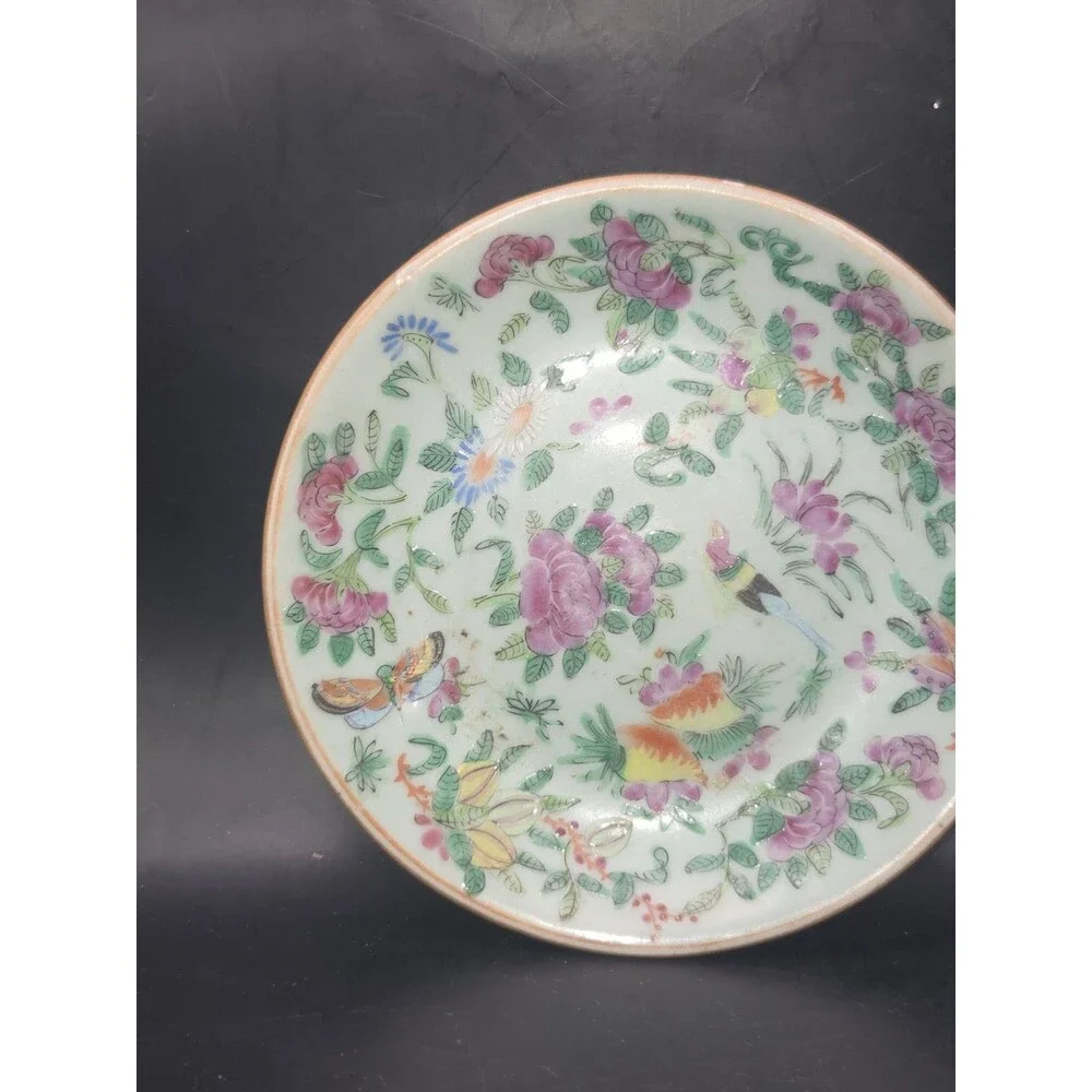 Antique Chinese Celadon Canton Famille Rose Plate 7